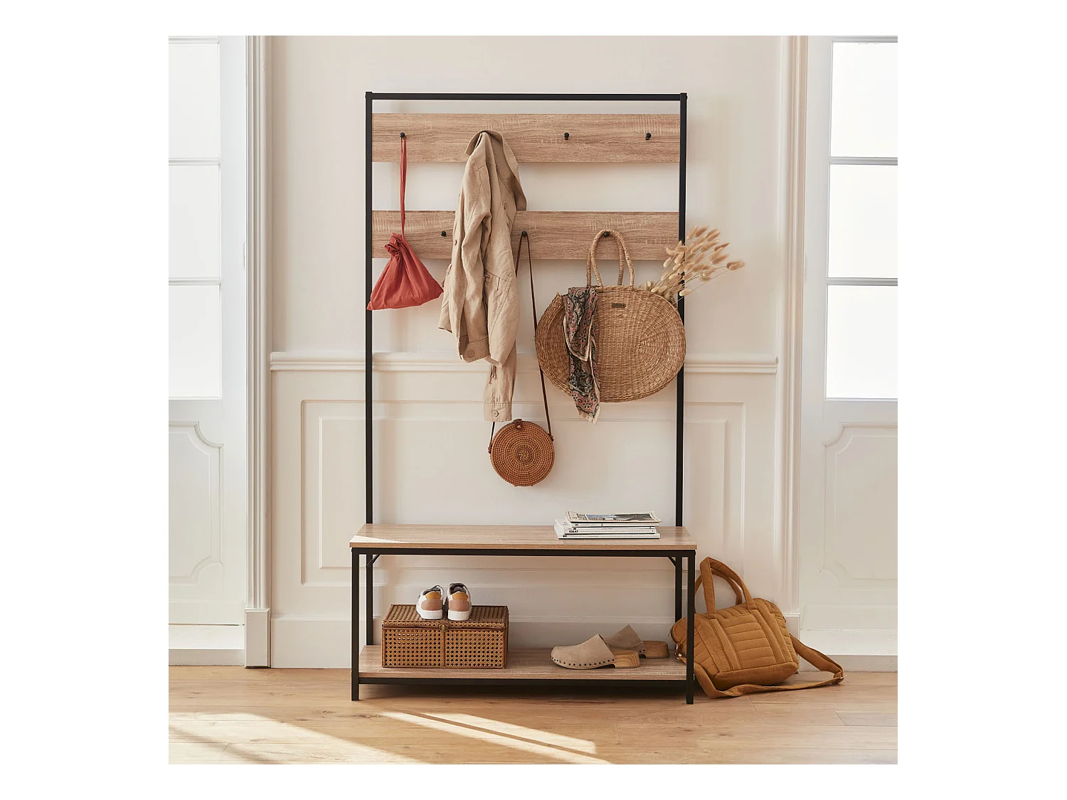 Mueble de pasillo de metal y efecto madera, 2 niveles madera
