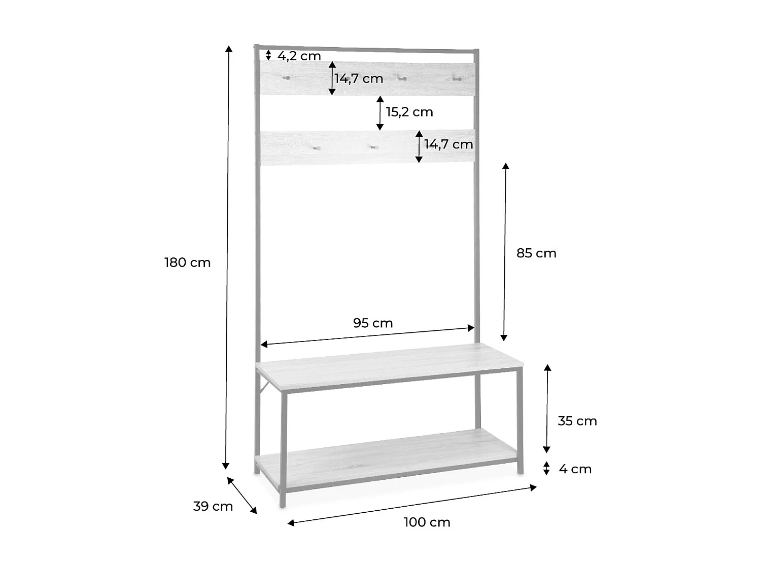 Mobile da corridoio in metallo e legno con 2 livelli e 7 ganci, legno