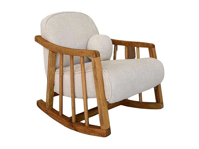 Fauteuil à bascule rembourré pour enfant Callino Velours côtelé Blanc et Bois massif foncé