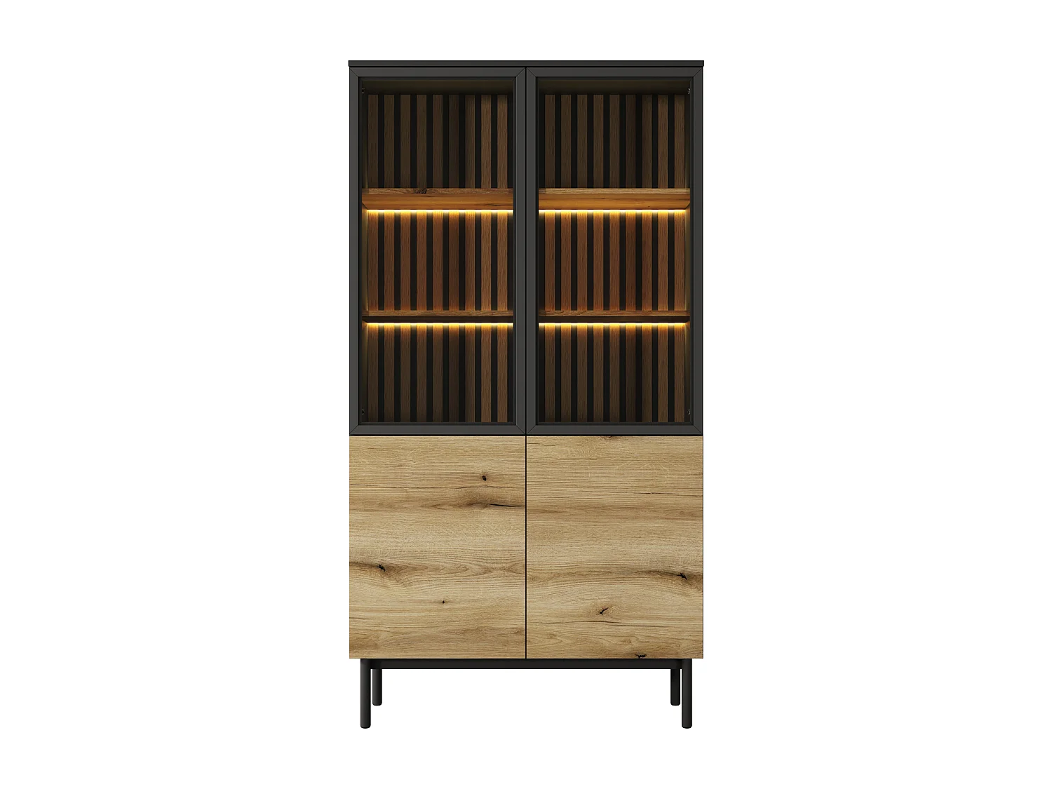 Vitrina de 3 puertas con LEDs - Natural y negro - LABENIA