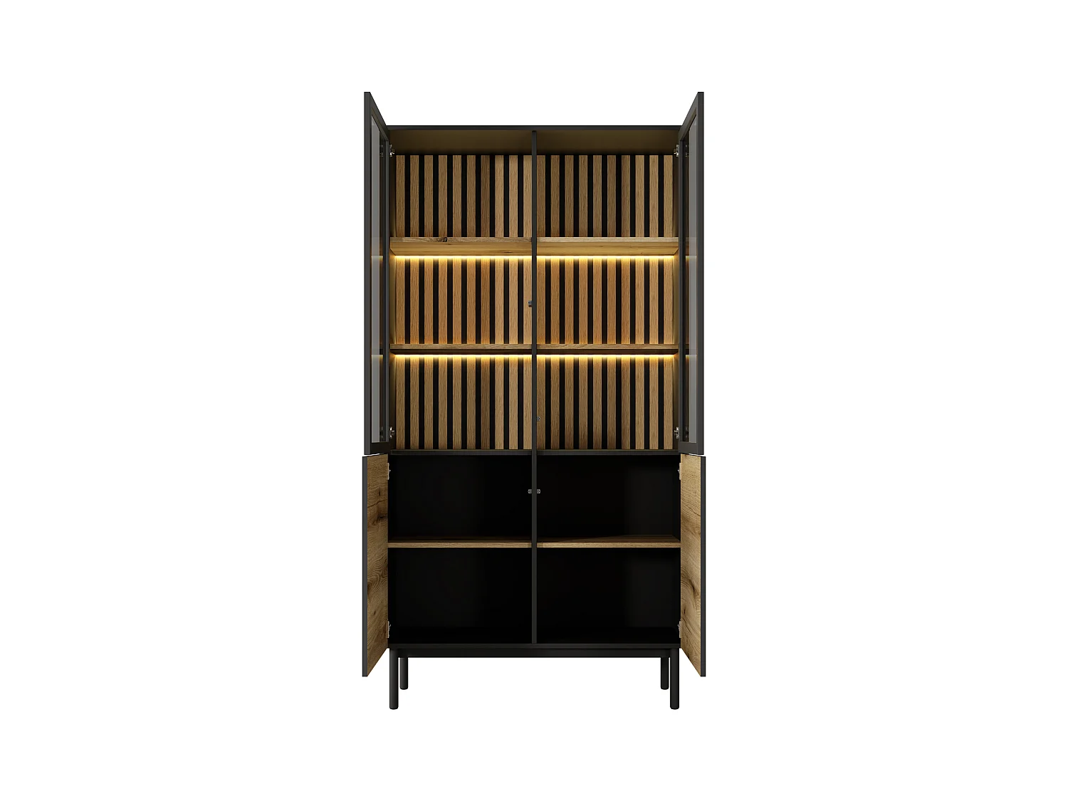 Witryna 4-drzwiowa z LED – Naturalny i czarny – LABENIA