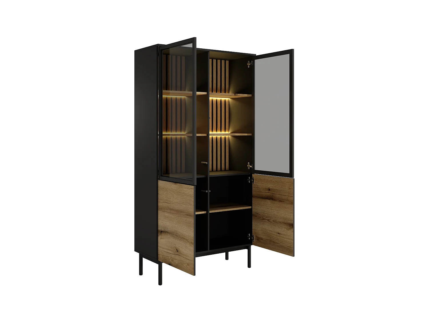 Witryna 4-drzwiowa z LED – Naturalny i czarny – LABENIA