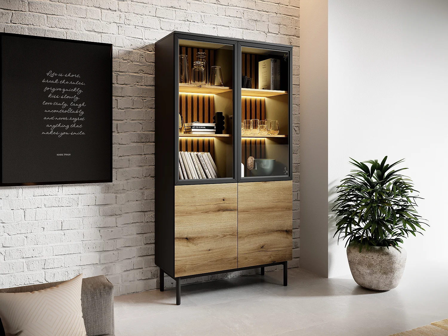 Witryna 4-drzwiowa z LED – Naturalny i czarny – LABENIA