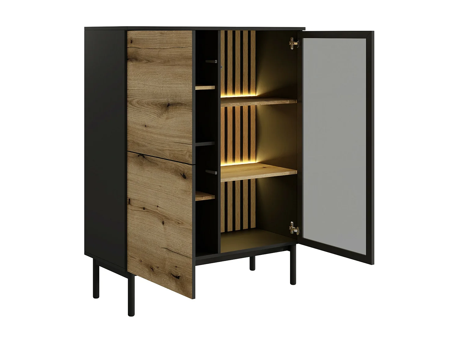 Vitrinenschrank mit 3 Türen - Mit LED-Beleuchtung - Holzfarben & Schwarz - LABENIA