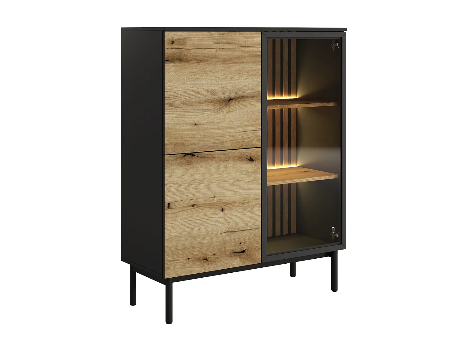 Vitrinenschrank mit 3 Türen - Mit LED-Beleuchtung - Holzfarben & Schwarz - LABENIA