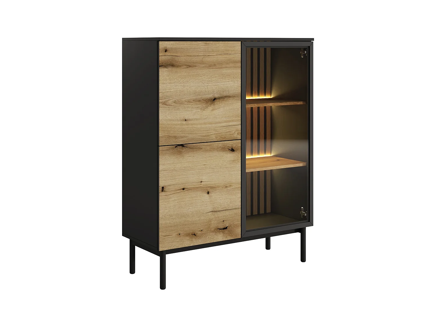 Vitrinenschrank mit 3 Türen - Mit LED-Beleuchtung - Holzfarben & Schwarz - LABENIA