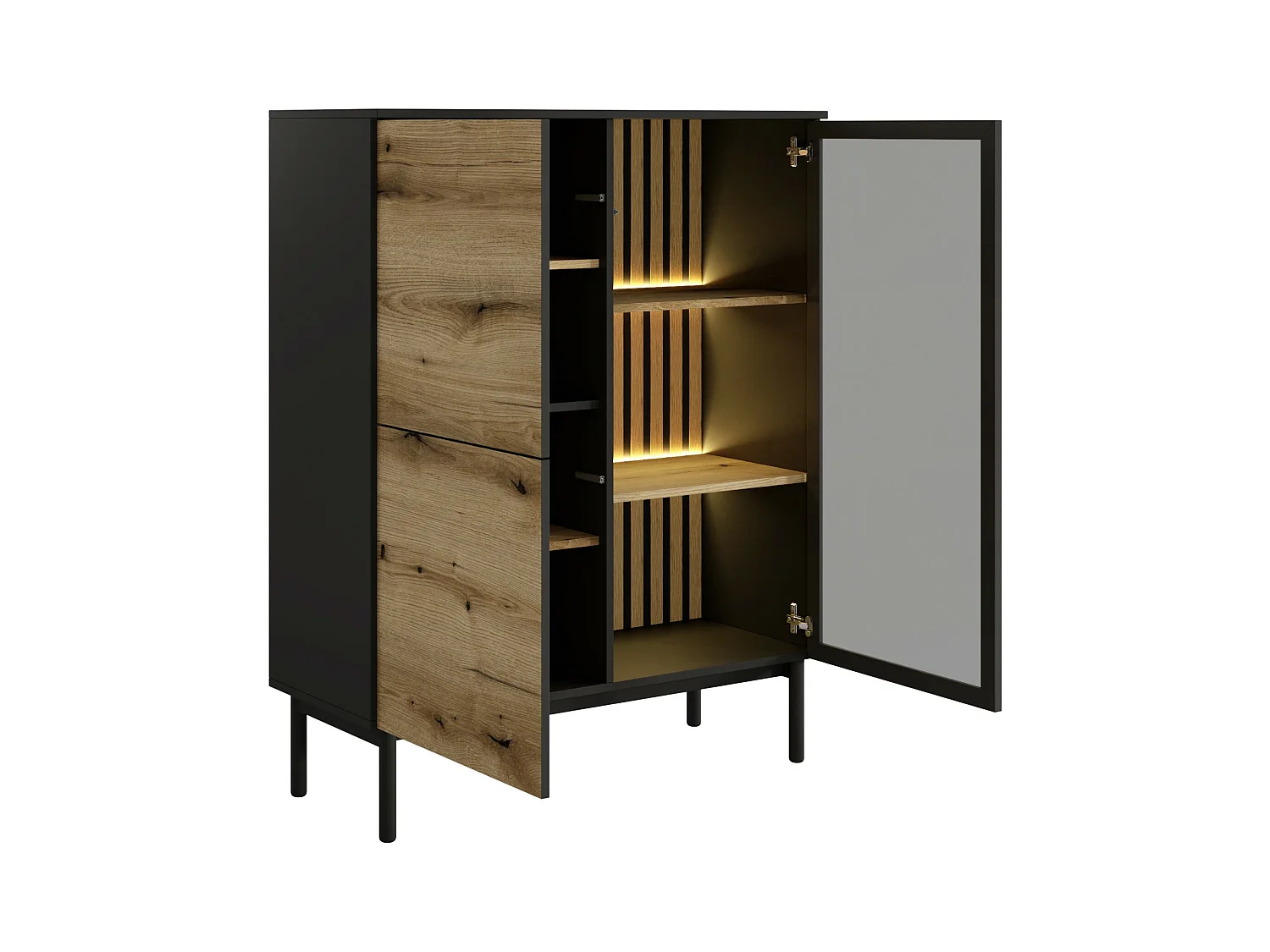 Vitrinenschrank mit 3 Türen - Mit LED-Beleuchtung - Holzfarben & Schwarz - LABENIA