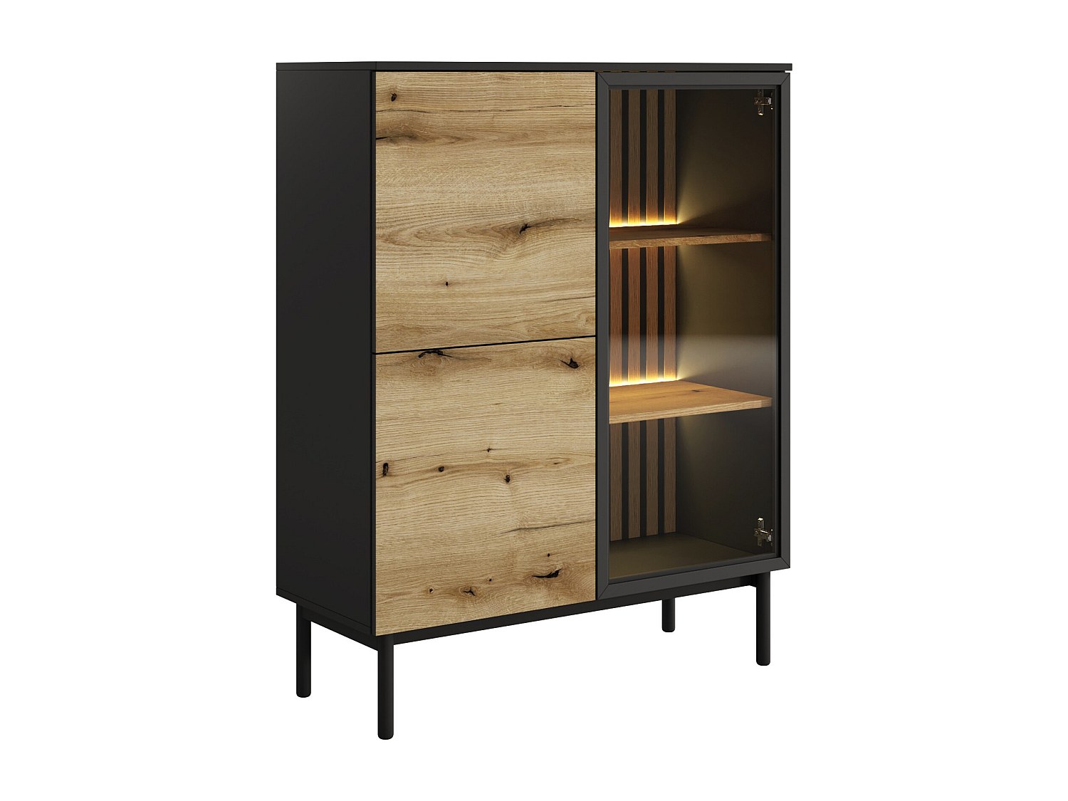 Vitrinenschrank mit 3 Türen - Mit LED-Beleuchtung - Holzfarben & Schwarz - günstig online kaufen