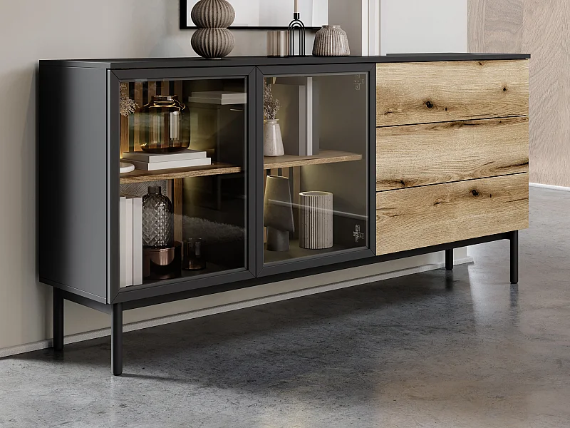 Sideboard mit 2 Türen & 3 Schubladen mit LED-Beleuchtung - Holzfarben & Schwarz - LABENIA