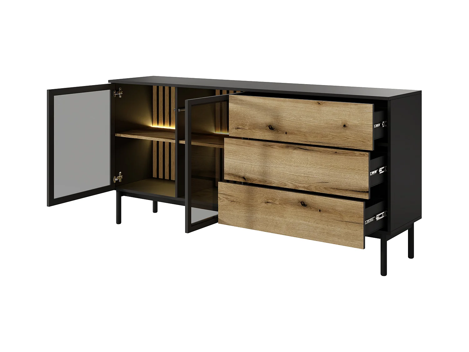 Buffetkast 2 deurtjes en 3 lades met ledverlichting - Houtlook en zwart - ELYNIA