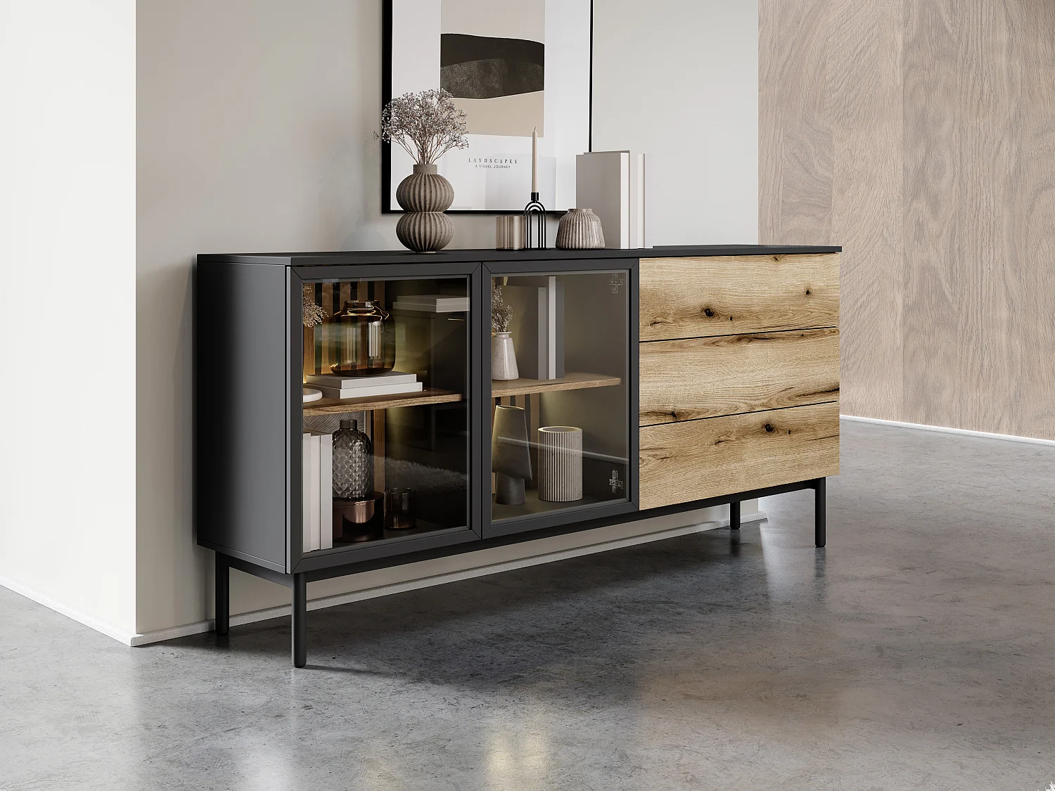 Buffet 2 portes et 3 tiroirs avec LEDs - Naturel et noir - LABENIA