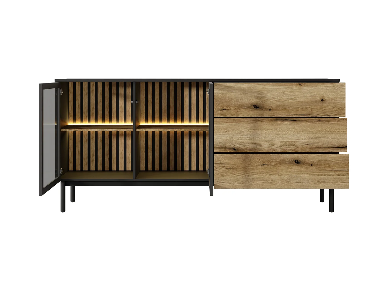Sideboard mit 2 Türen & 3 Schubladen mit LED-Beleuchtung - Holzfarben & Schwarz - LABENIA