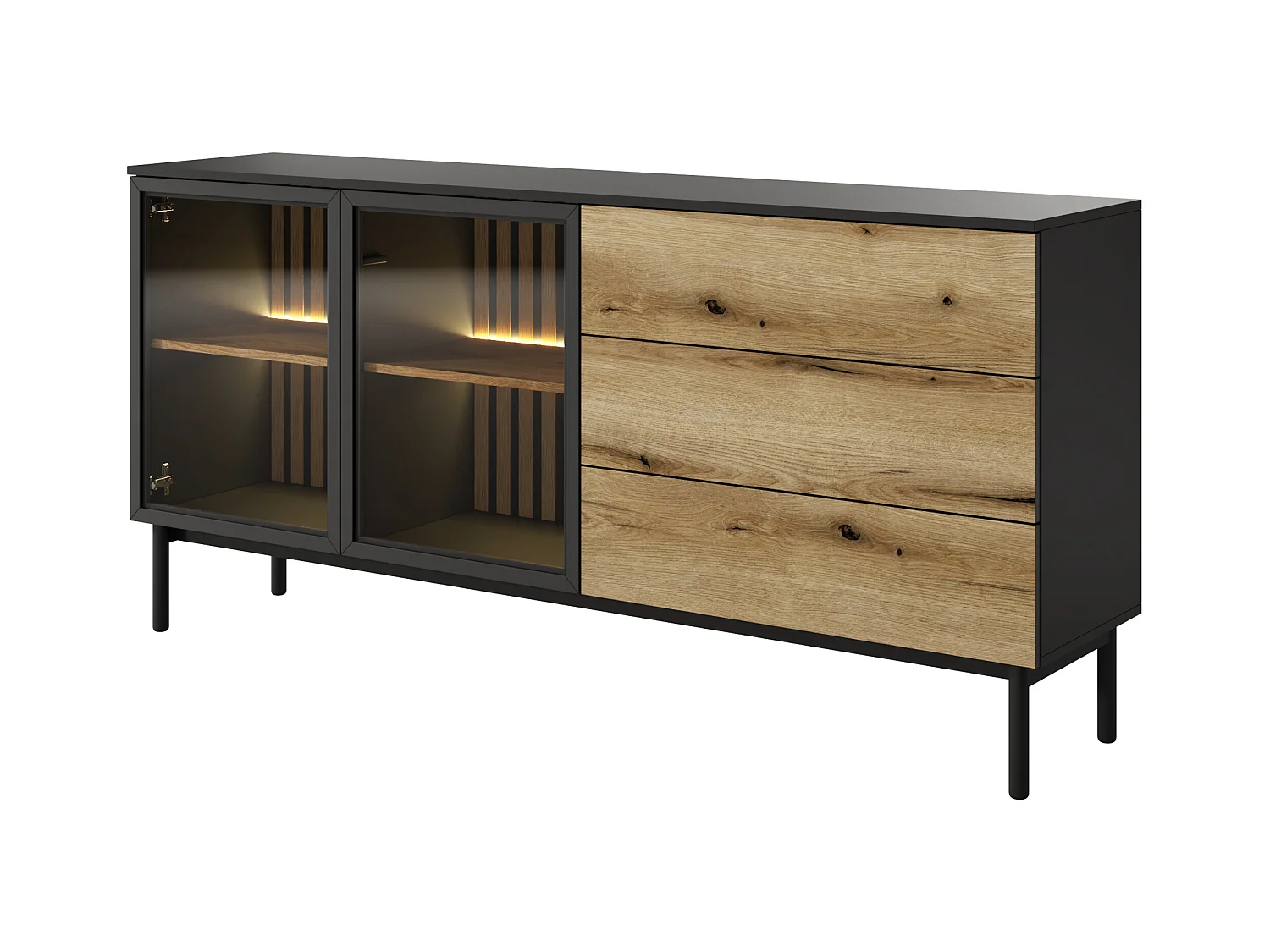 Sideboard mit 2 Türen & 3 Schubladen mit LED-Beleuchtung - Holzfarben & Schwarz - LABENIA