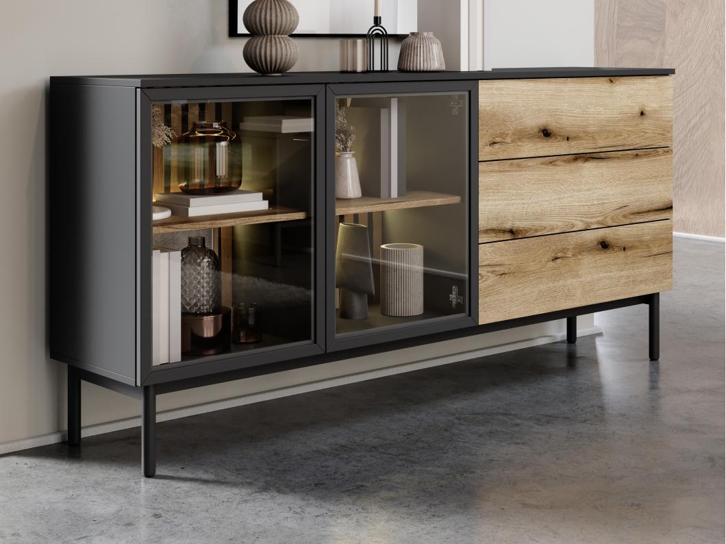 Sideboard mit 2 Türen & 3 Schubladen mit LED-Beleuchtung - Holzfarben & Schwarz - LABENIA
