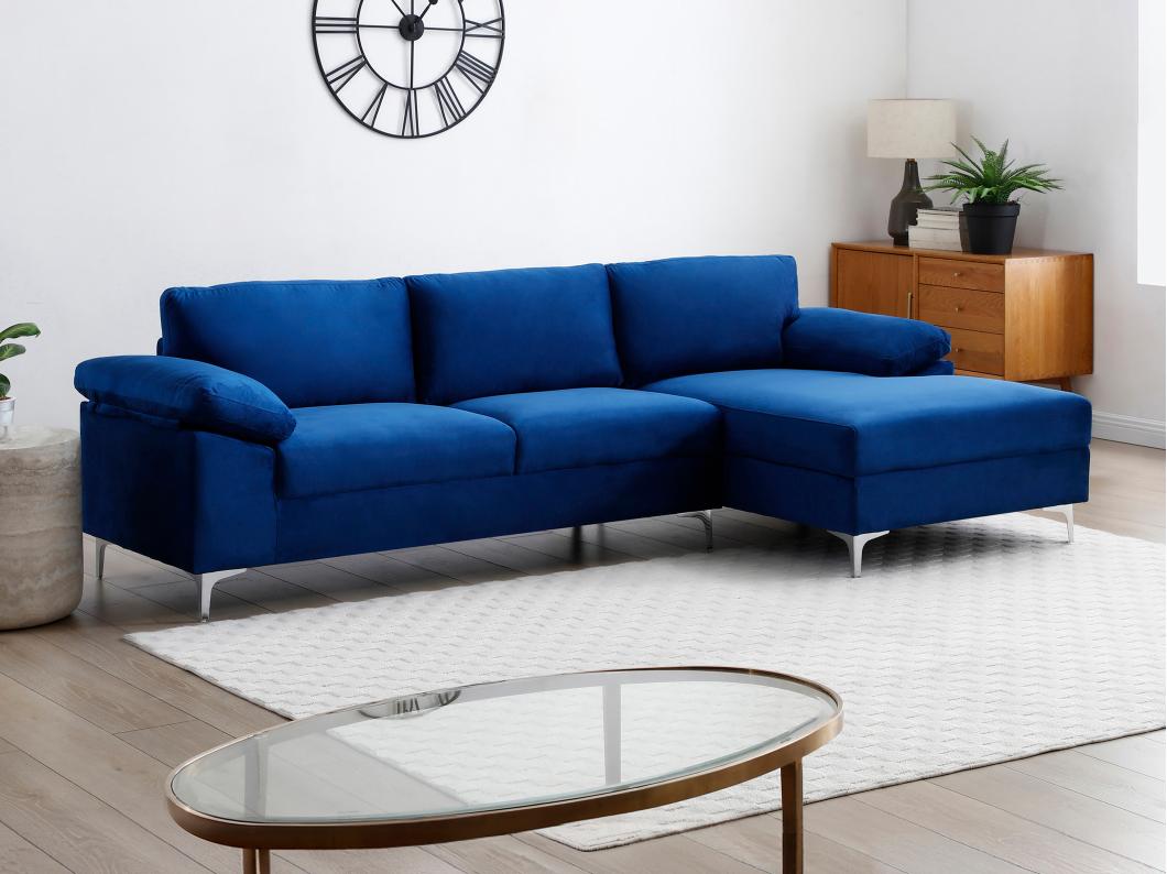 Canapé d'angle droit en velours bleu FIDOGA