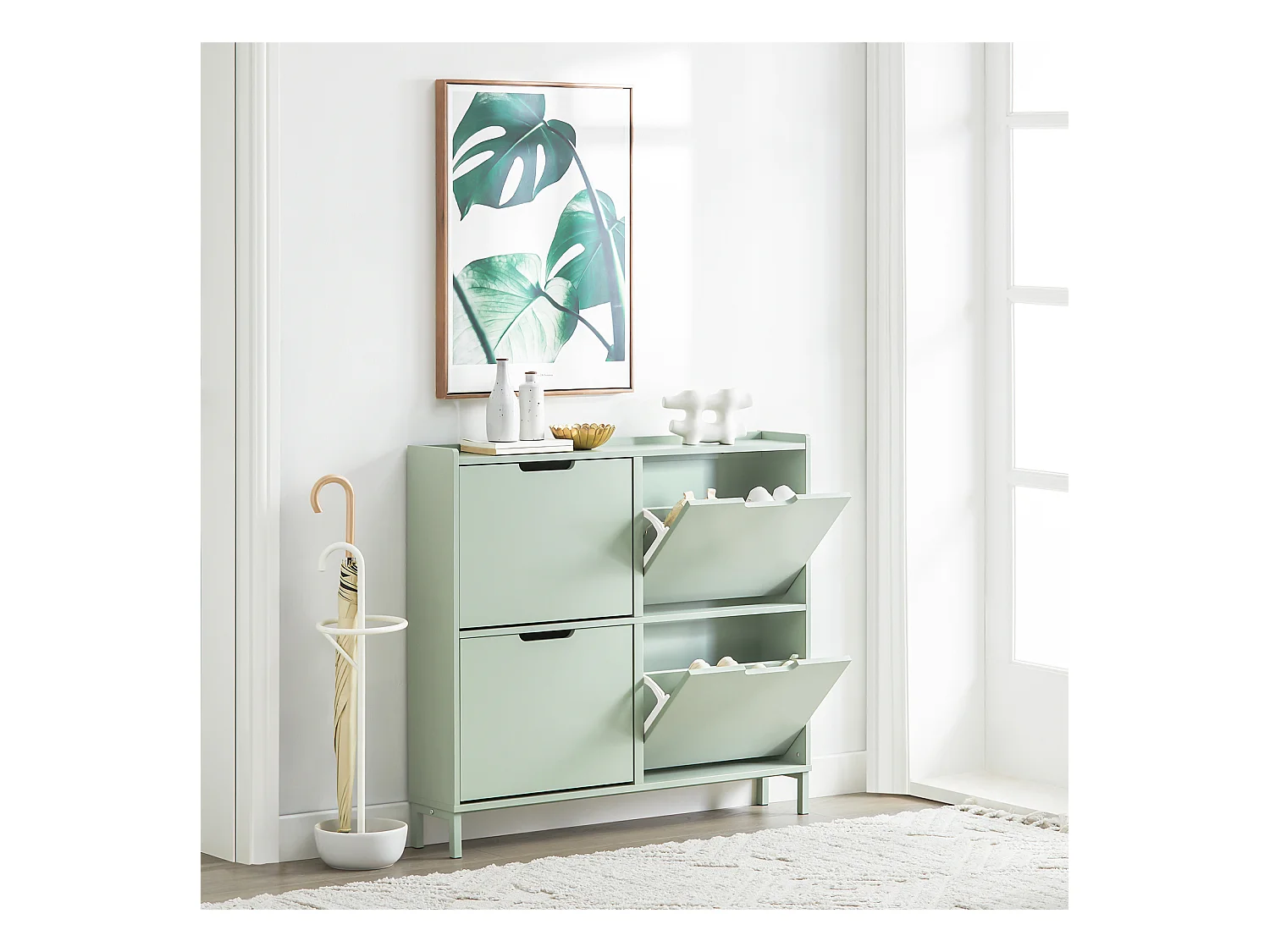 SoBuy Meuble à Chaussures Armoire Commode à 4 abattants Meuble d'entrée Coffre Rangement pour Chaussures – Vert, 100x19x90cm, FSR100-GR