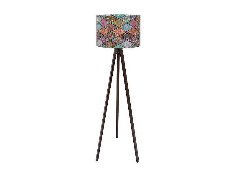 Lampadaire trépied Luca 145cm Tissu Motif Losange mandala Multicolore et Bois Noir