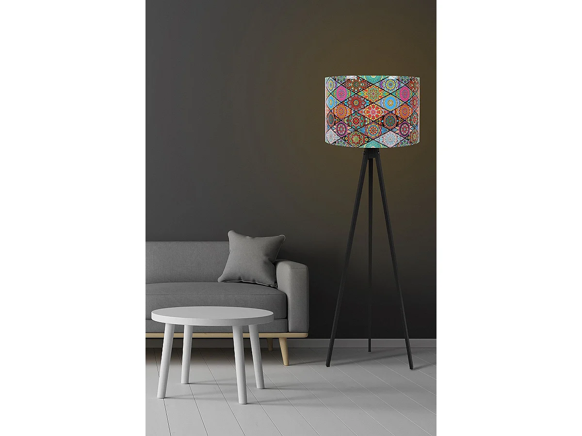 Lampadaire trépied Luca 145cm Tissu Motif Losange mandala Multicolore et Bois Noir