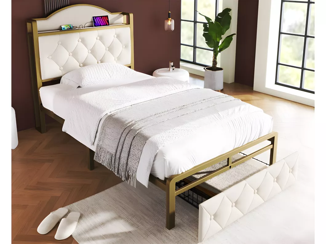 Kauf Unique 90 x 200 cm großes Bett mit Samtbezug – mit Schublade und Ladeanschlüssen – Beige