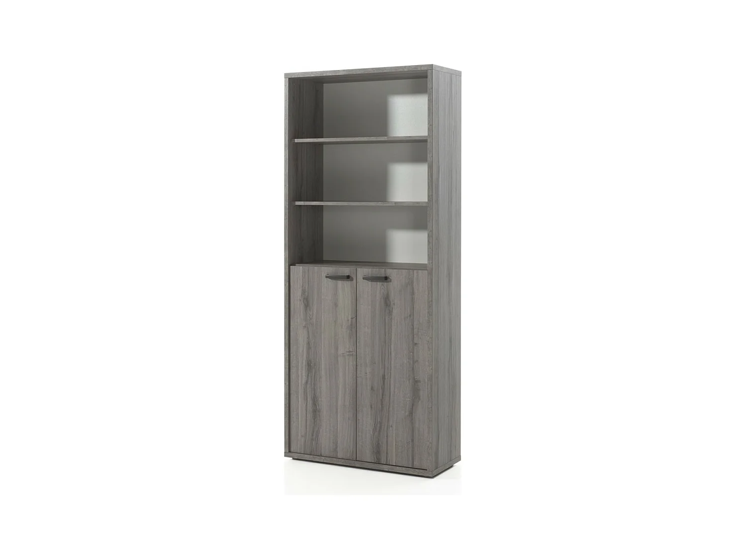 Bibliothèque de bureau SOON – Meuble 2 portes et étagères – Gris effet bois – L90 x H216 x P40 cm