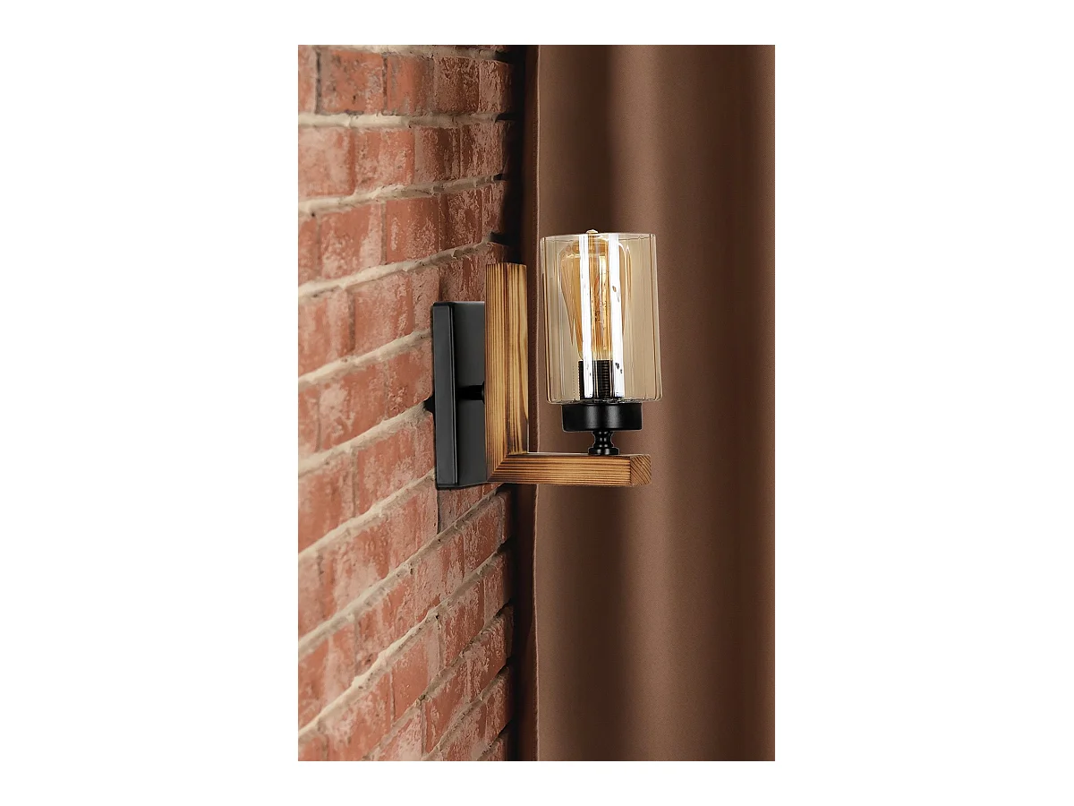 Applique murale Iteus H19cm Métal Noir, Bois Naturel et Verre Fumé