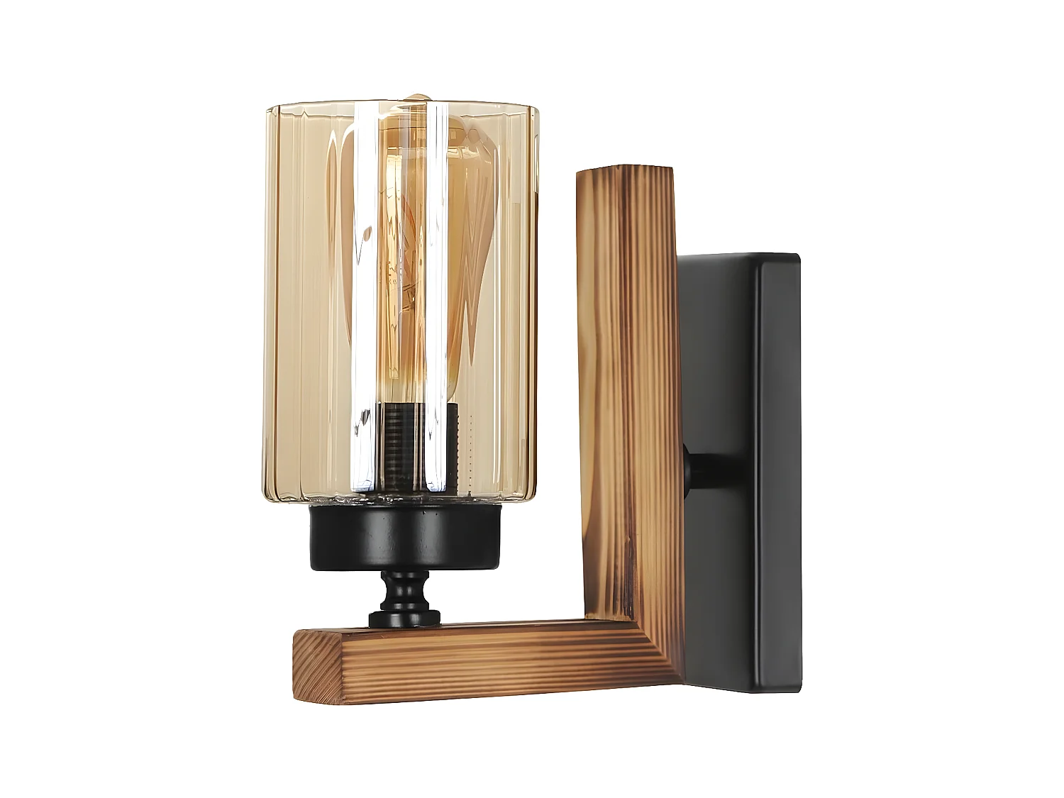 Applique murale Iteus H19cm Métal Noir, Bois Naturel et Verre Fumé