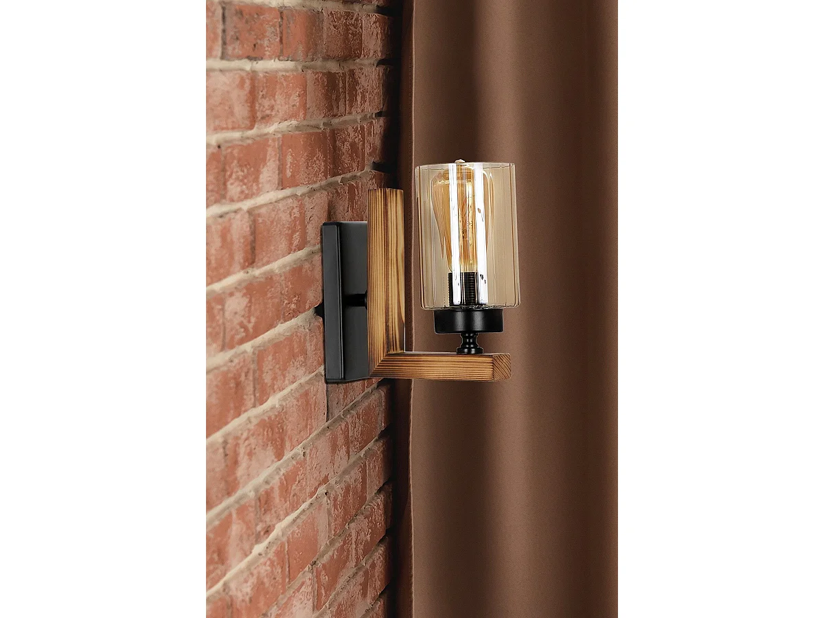 Applique murale Iteus H19cm Métal Noir, Bois Naturel et Verre Fumé