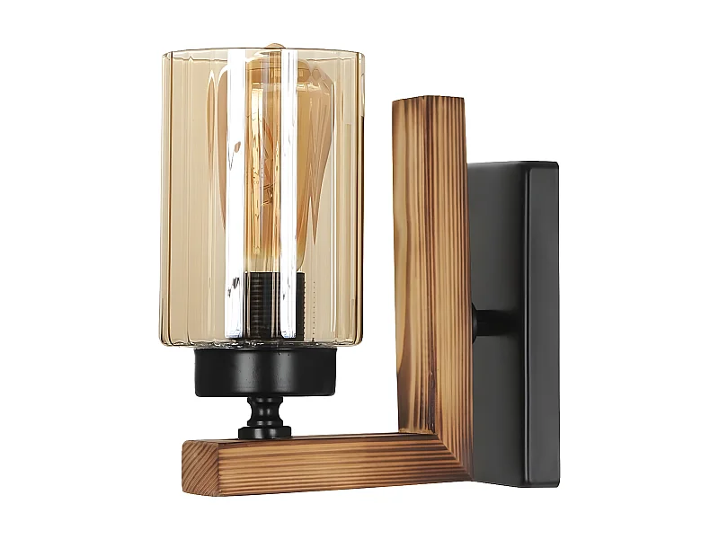 Applique murale Iteus H19cm Métal Noir, Bois Naturel et Verre Fumé