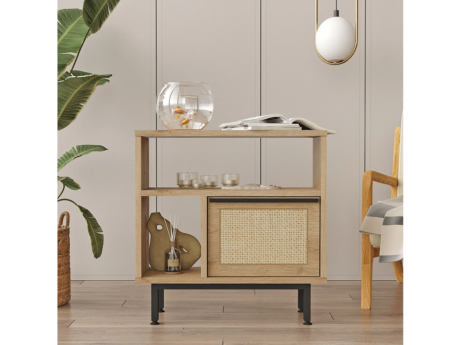 Table d'appoint Evelis L60cm Bois et Rotin clair