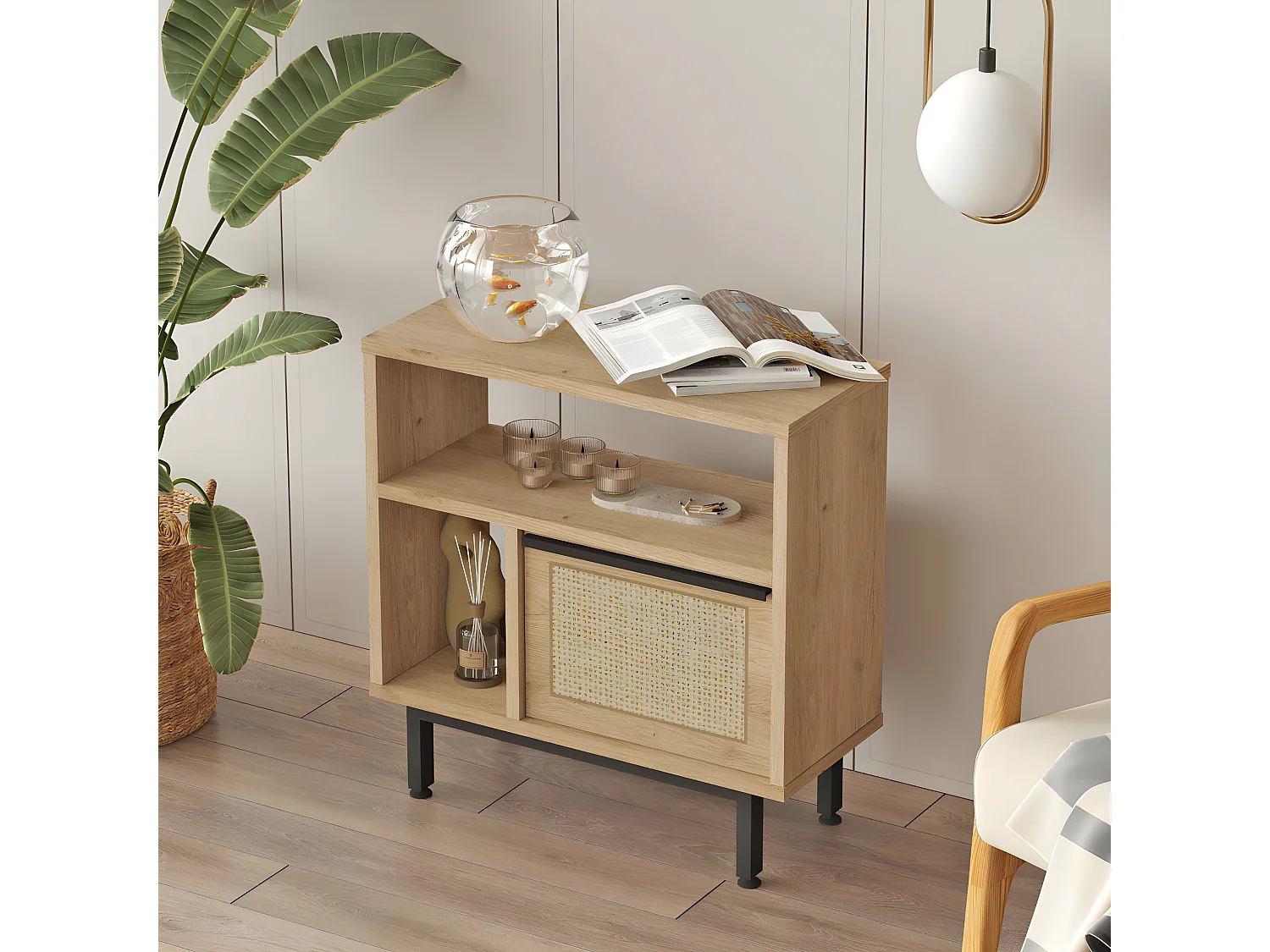 Table d'appoint Evelis L60cm Bois et Rotin clair