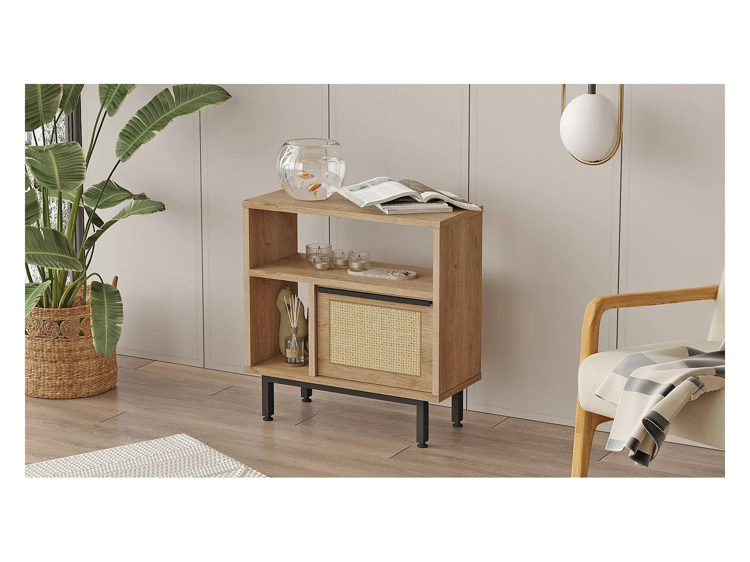 Table d'appoint Evelis L60cm Bois et Rotin clair
