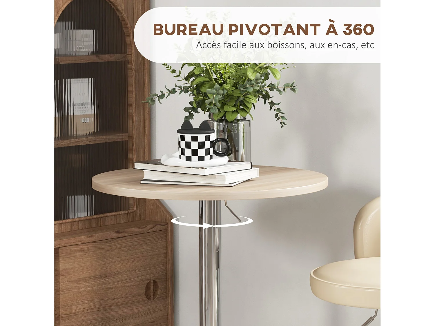 Table de bar ronde Ø 60 cm table bistro chic hauteur réglable 69-91 cm acier chromé aspect bois clair