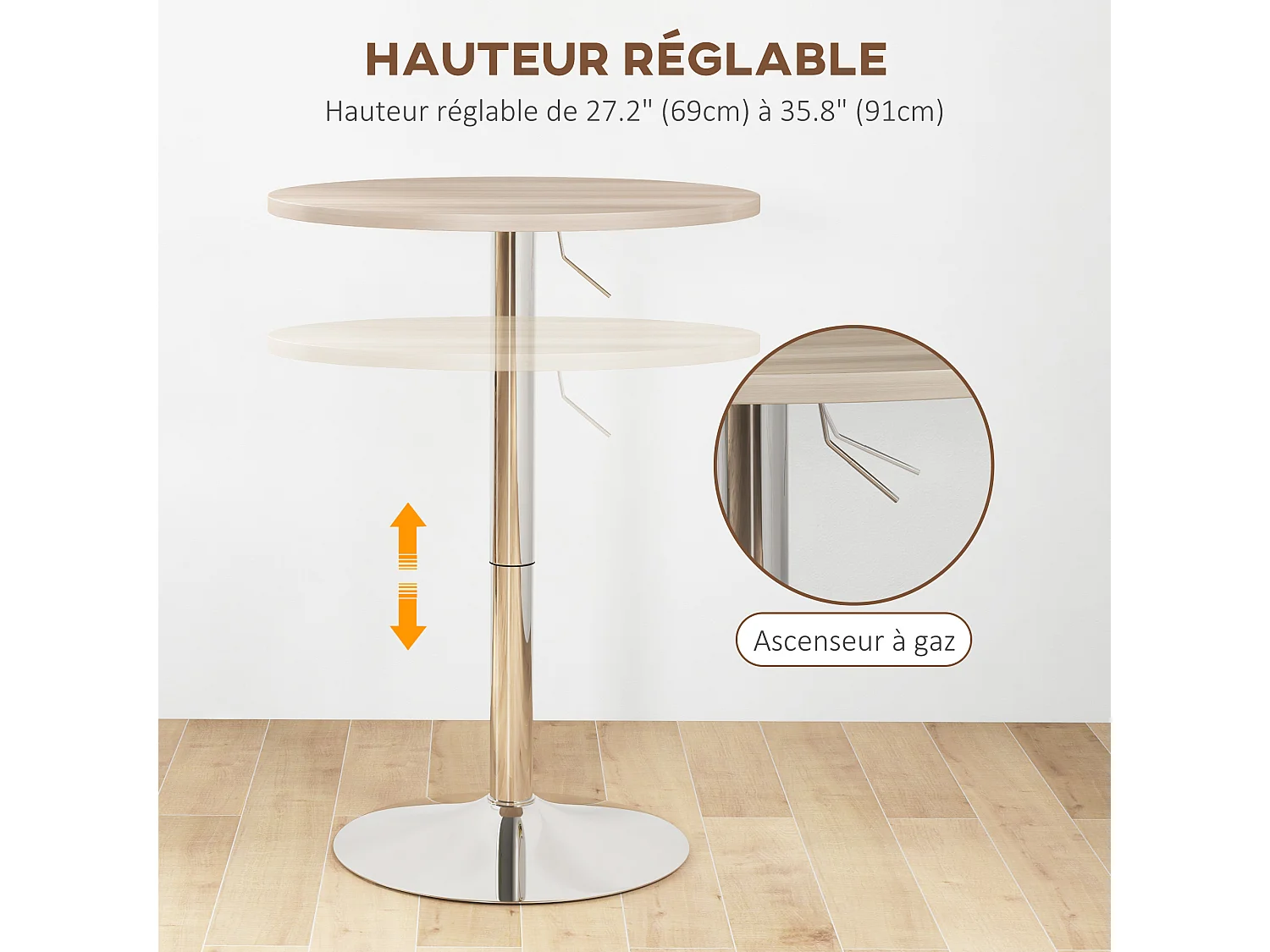 Table de bar ronde Ø 60 cm table bistro chic hauteur réglable 69-91 cm acier chromé aspect bois clair