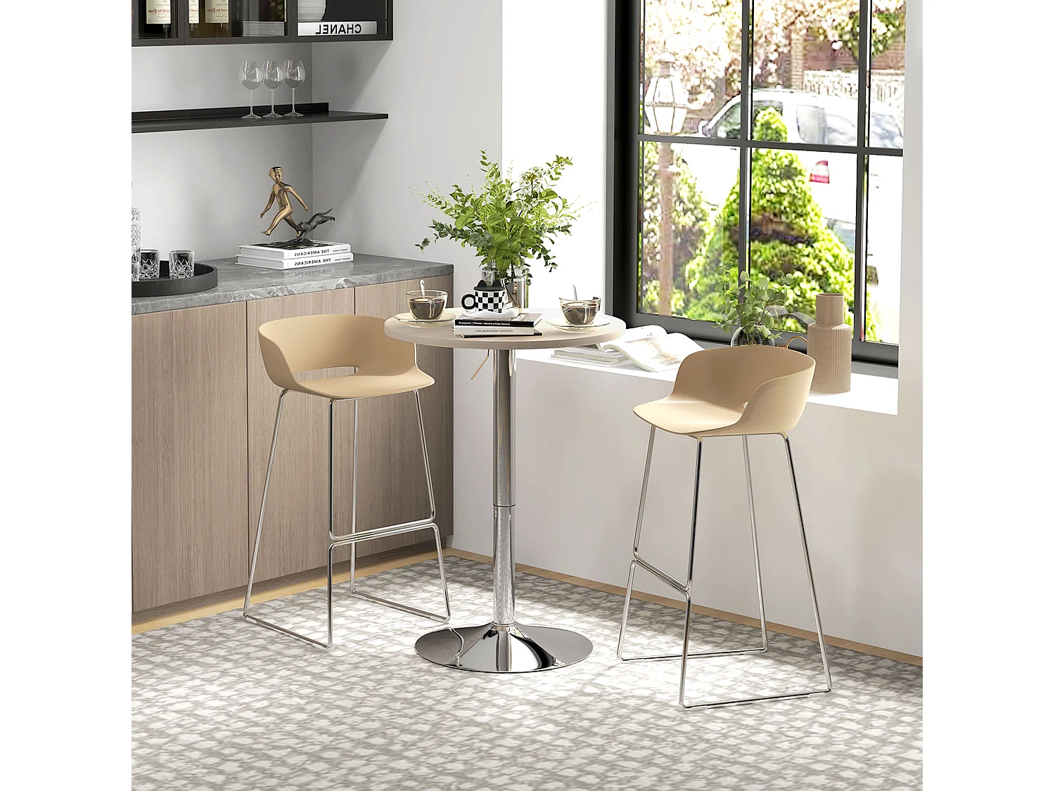 Table de bar ronde Ø 60 cm table bistro chic hauteur réglable 69-91 cm acier chromé aspect bois clair