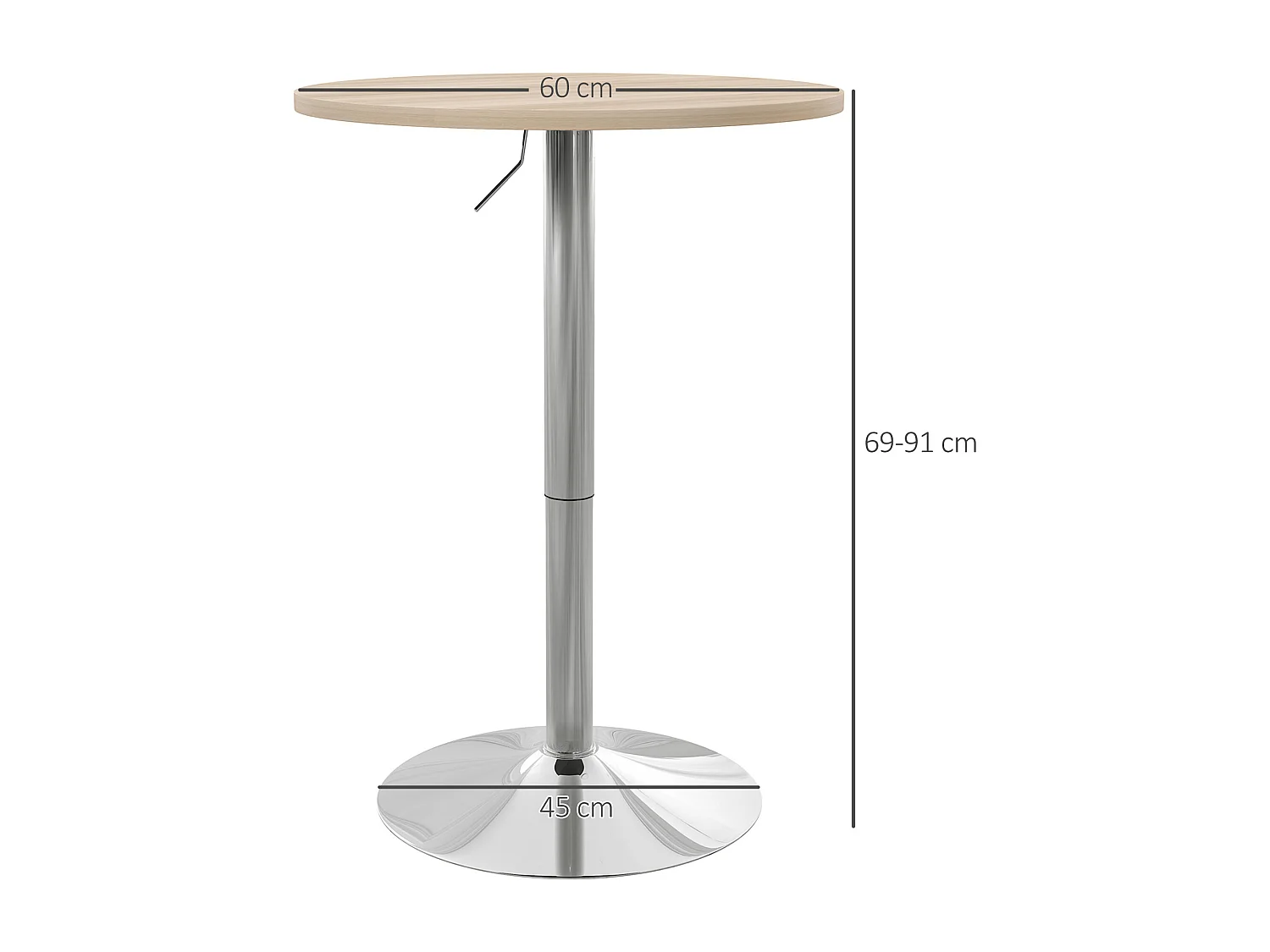 Table de bar ronde Ø 60 cm table bistro chic hauteur réglable 69-91 cm acier chromé aspect bois clair
