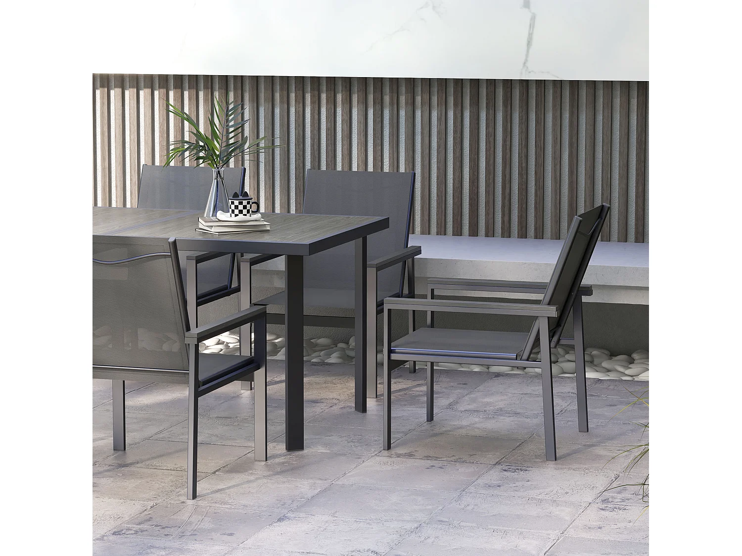 Ensemble salon de jardin 6 places 7 pièces table à manger gris