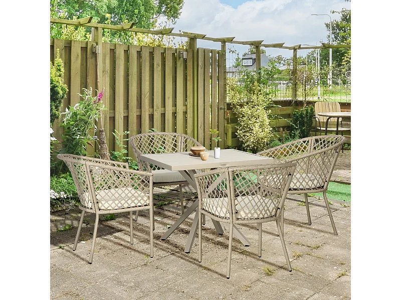 Ensemble salle à manger de jardin 4 places 5 pièces métal résine tressée beige