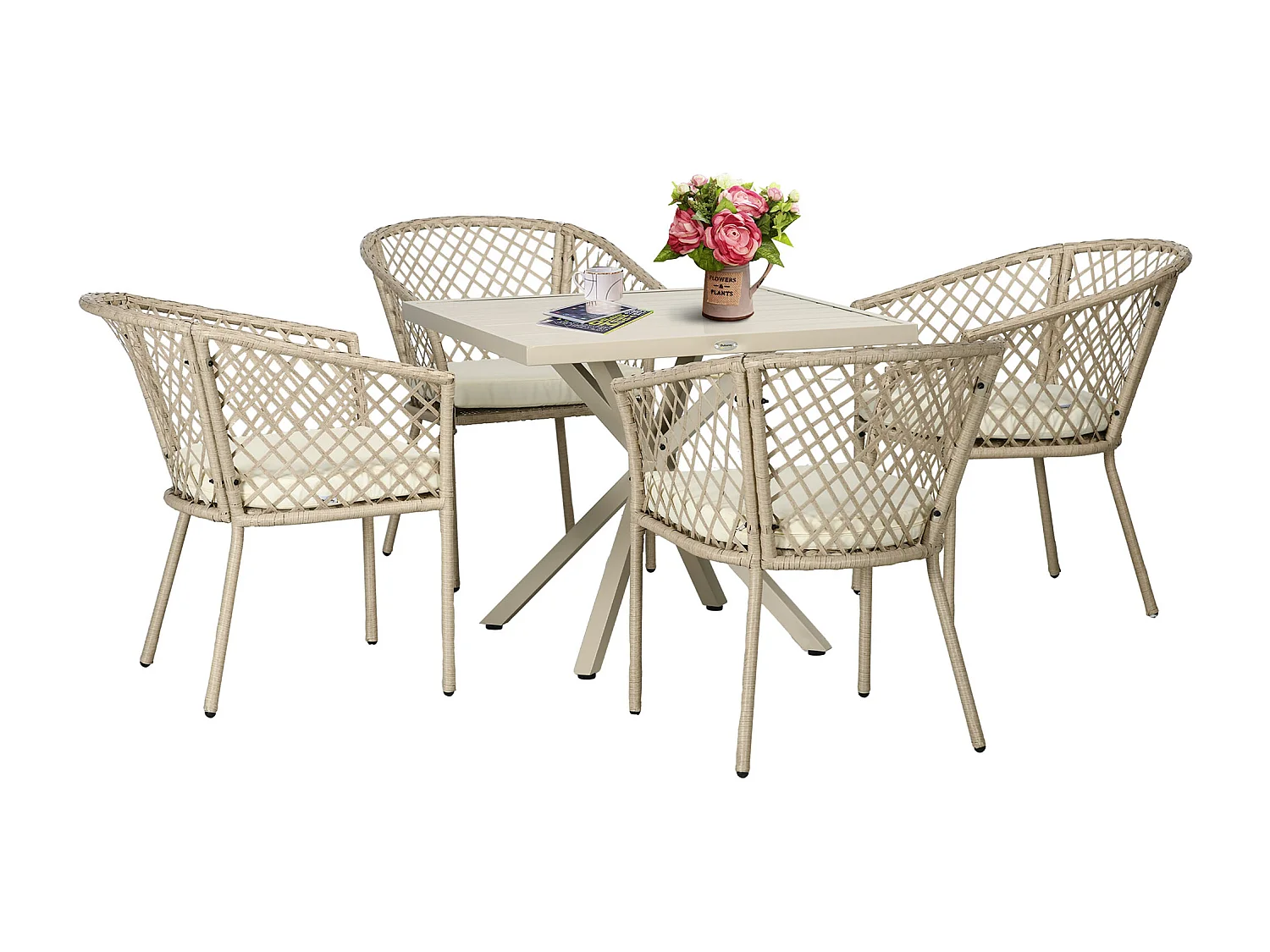 Ensemble salle à manger de jardin 4 places 5 pièces métal résine tressée beige