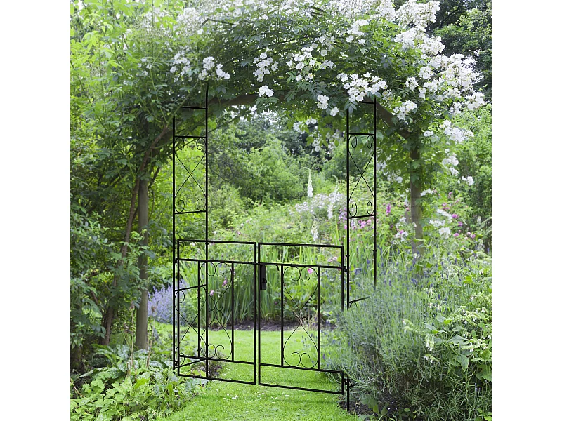 Arche de jardin avec portillon treillis style fer forgé métal époxy noir