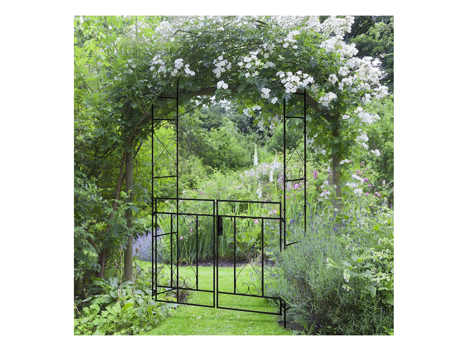 Arche de jardin avec portillon treillis style fer forgé métal époxy noir