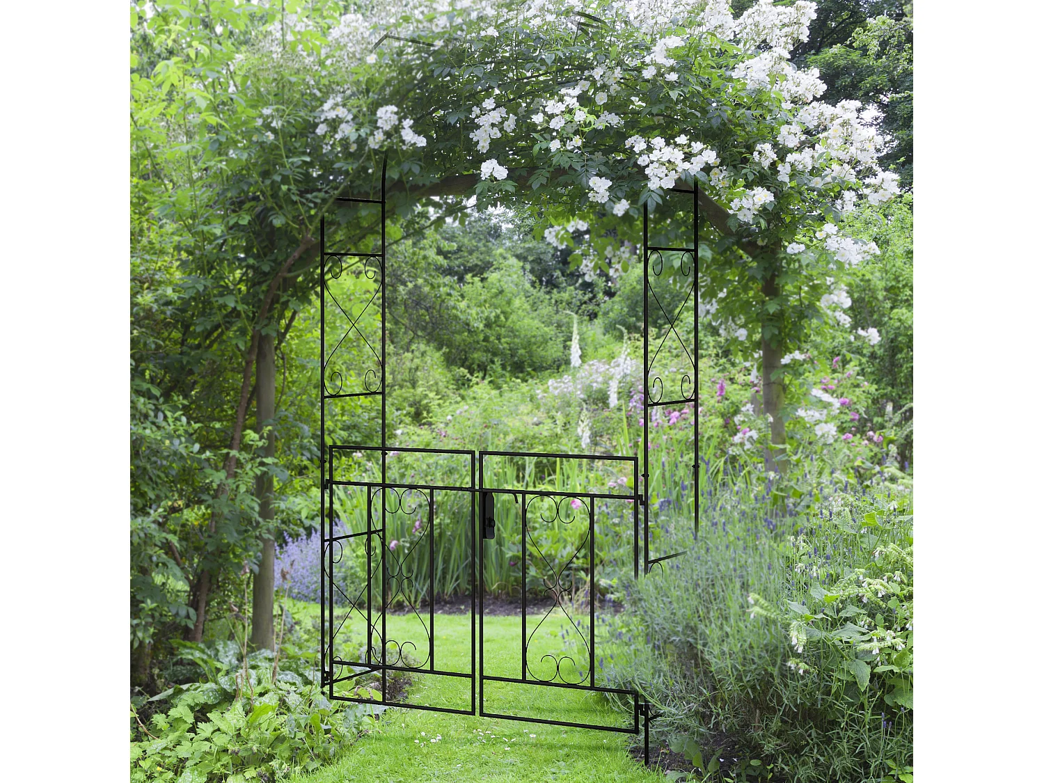 Arche de jardin avec portillon treillis style fer forgé métal époxy noir
