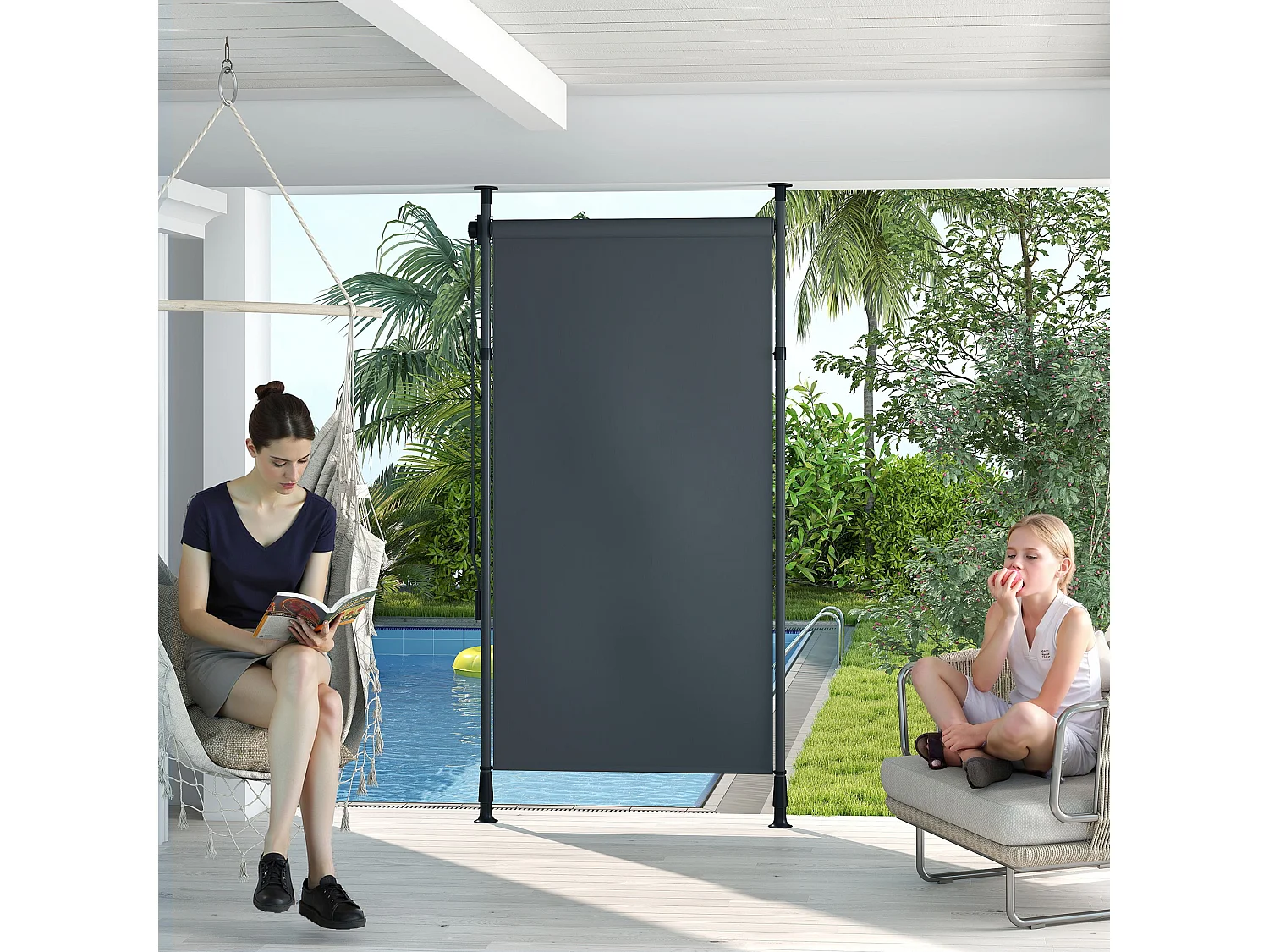 Store extérieur sur pied store manuel rétractable enroulable réglable dim. 1,5 x 2,2-3,1 m avec manivelle métal alu. polyester gris foncé