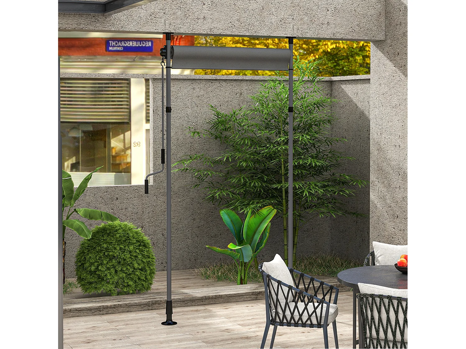 Store extérieur sur pied store manuel rétractable enroulable réglable dim. 1,5 x 2,2-3,1 m avec manivelle métal alu. polyester gris foncé