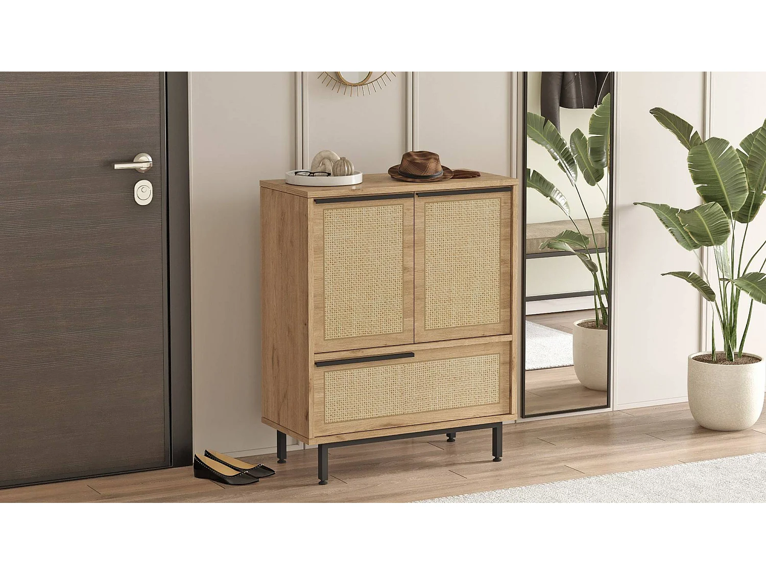 Meuble à chaussures Evelis L75xH90cm Bois et Rotin clair