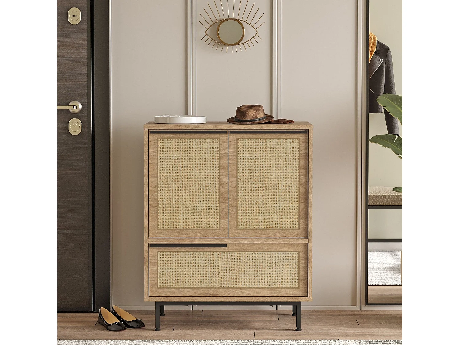 Meuble à chaussures Evelis L75xH90cm Bois et Rotin clair