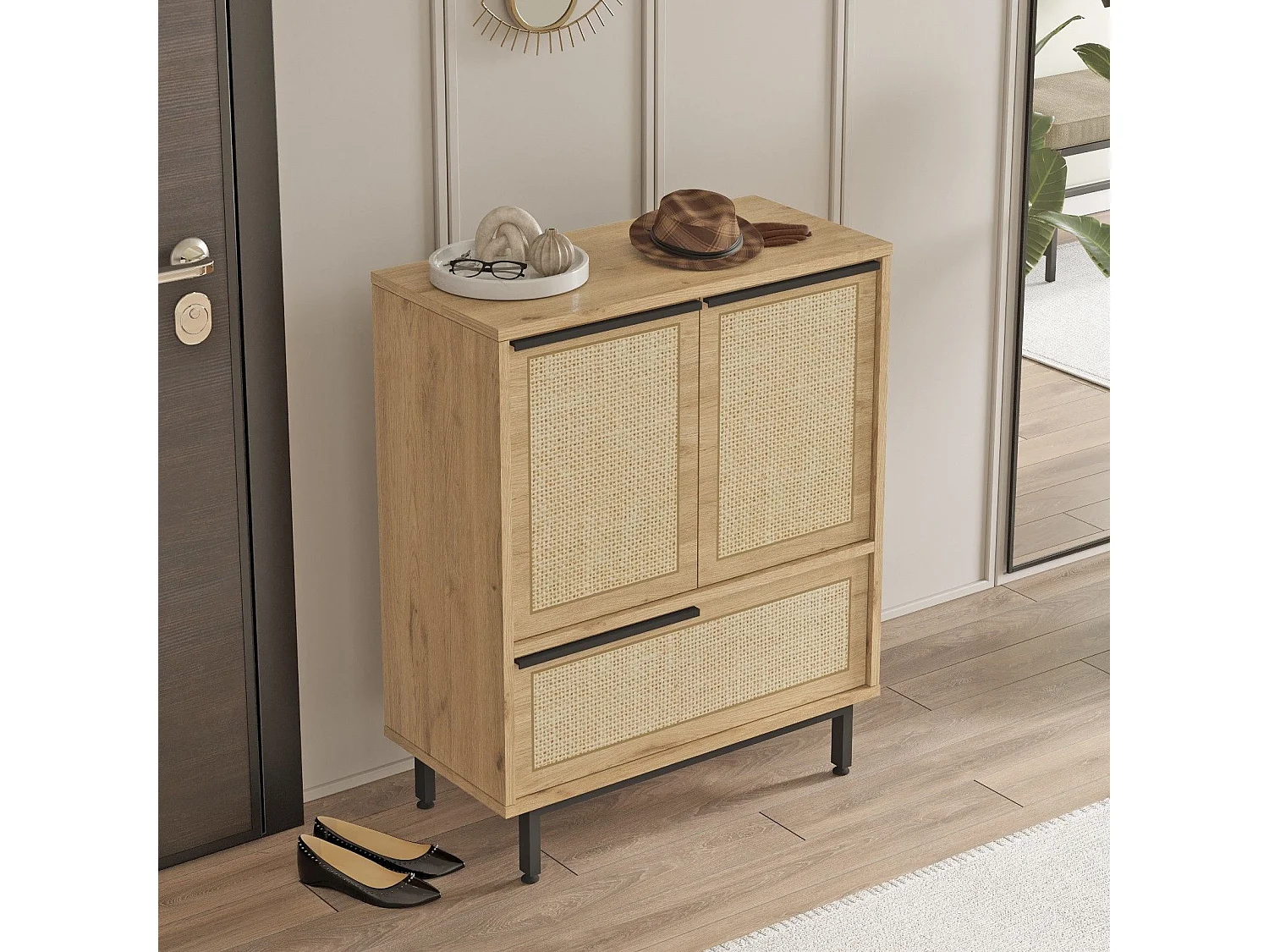 Meuble à chaussures Evelis L75xH90cm Bois et Rotin clair