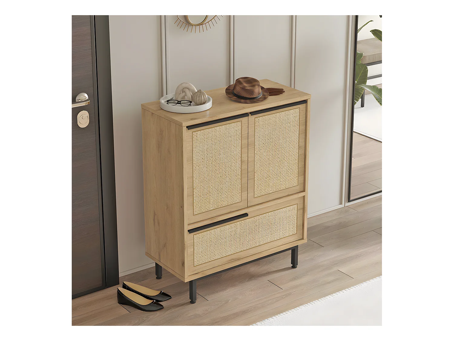 Meuble à chaussures Evelis L75xH90cm Bois et Rotin clair