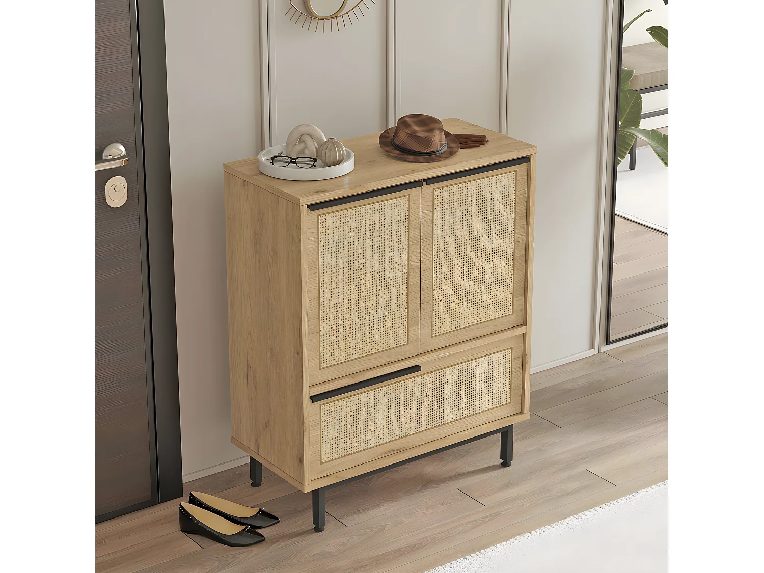 Meuble à chaussures Evelis L75xH90cm Bois et Rotin clair