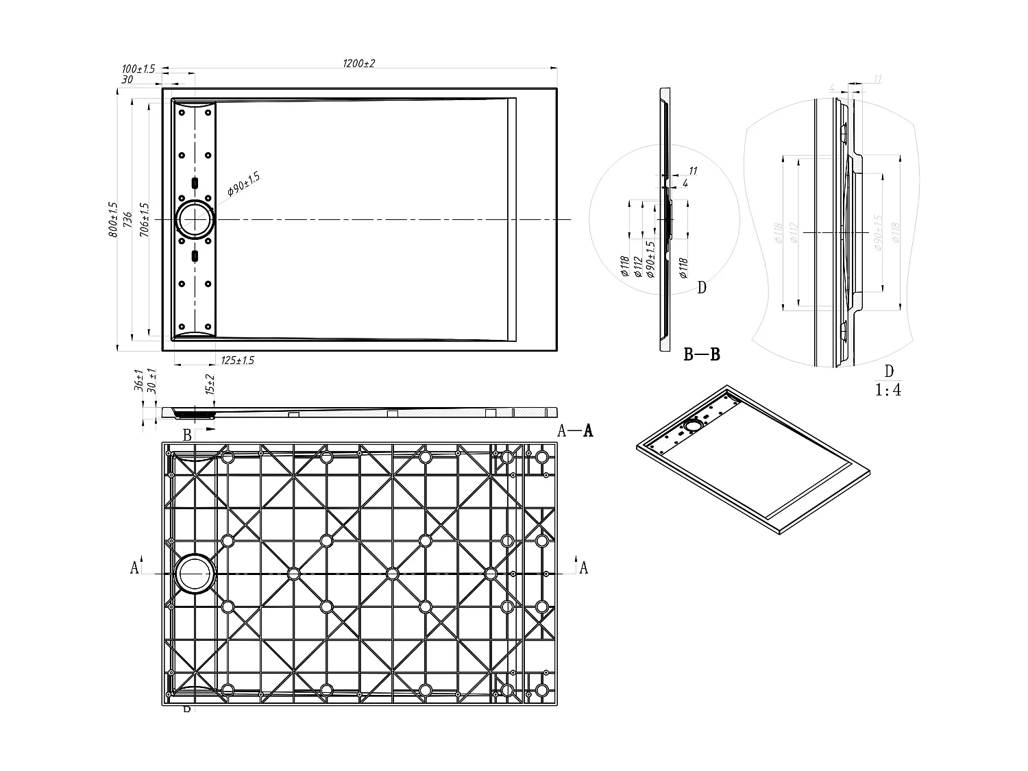 Receveur de douche extra plat à poser ou à encastrer recoupable en résine SMC - Blanc - 120 x 80 cm - MIRNOSA