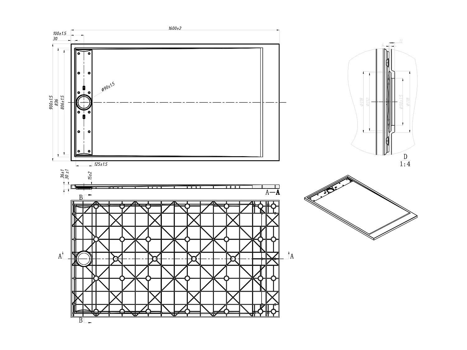 Receveur de douche extra plat à poser ou à encastrer recoupable en résine SMC - Noir - 160 x 90 cm - LYROSA